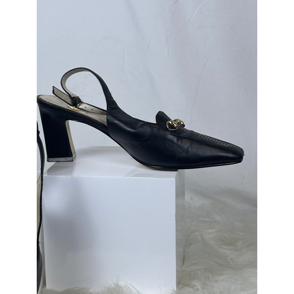 Westies Black Leather Horsebit Slingback Heels Square Toe Lizard Embossed 8.5M - Picture 2 of 5